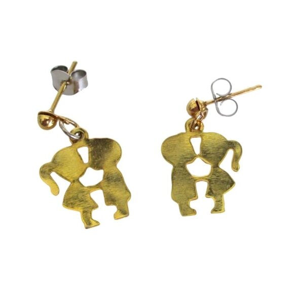 Kissing Kids Pierced Stud Drop Earrings - Vintage Goldtone Jewelry - Gift Box - Picture 1 of 4